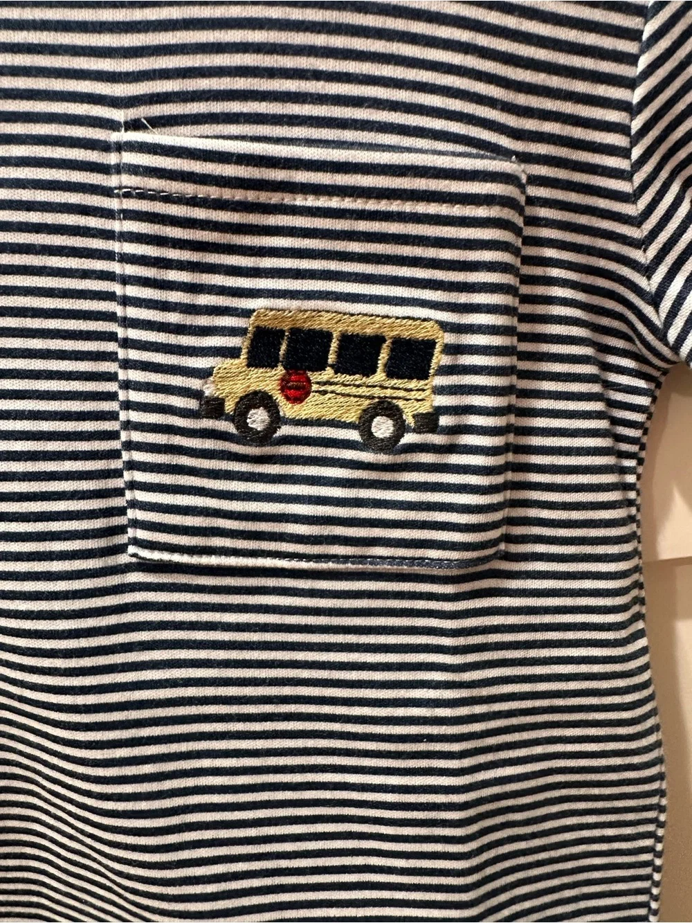 Navy & White Striped Short Sleeve Tee with Bus Patch